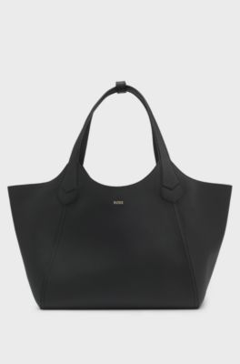 Leather tote bag with metallic logo lettering, Black