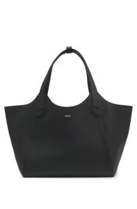 Leather tote bag with metallic logo lettering, Black