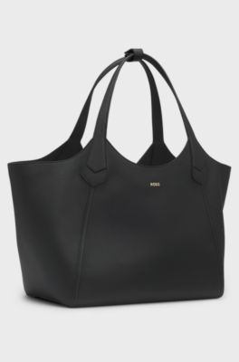 Leather tote bag with metallic logo lettering, Black