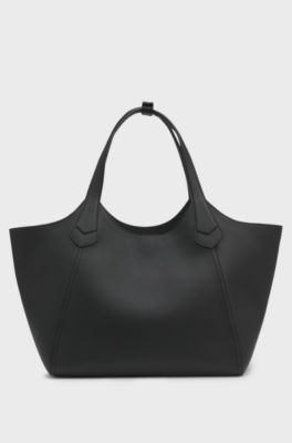 Leather tote bag with metallic logo lettering, Black