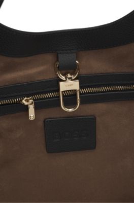 Leather tote bag with metallic logo lettering, Black