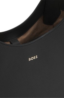 Leather tote bag with metallic logo lettering, Black