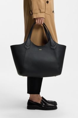 Leather tote bag with metallic logo lettering, Black