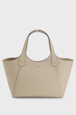 Leather tote bag with metallic logo lettering, Light Beige