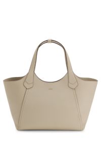 Leather tote bag with metallic logo lettering, Light Beige