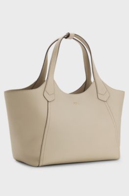 Leather tote bag with metallic logo lettering, Light Beige