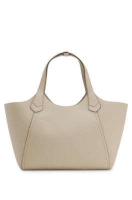 Leather tote bag with metallic logo lettering, Light Beige