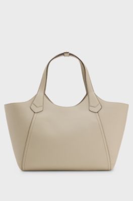 Tote Bag aus genarbtem Leder mit Logo-Schriftzug, Hellbeige