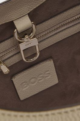 Leather tote bag with metallic logo lettering, Light Beige