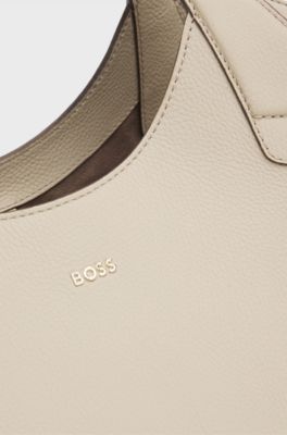 Tote Bag aus genarbtem Leder mit Logo-Schriftzug, Hellbeige