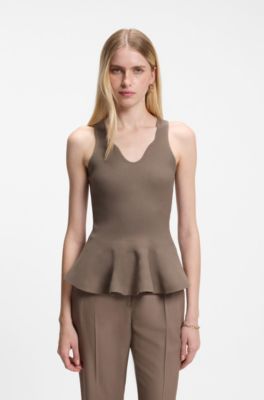 Peplum top with eye-catching neckline detail, Brown