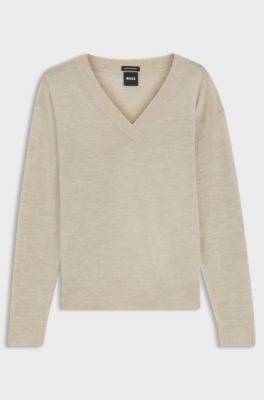 Pull &agrave; col V en laine m&eacute;rinos, Beige clair