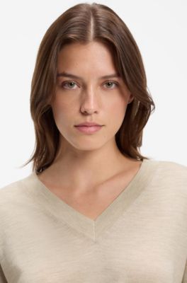 Relaxed-fit V-neck sweater in merino wool, Light Beige