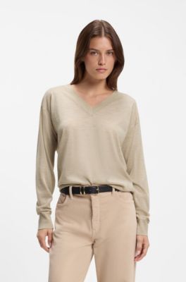 Maglione in lana merino con scollo a V, Beige chiaro