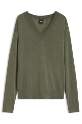 Relaxed-fit V-neck sweater in merino wool, Dark Green