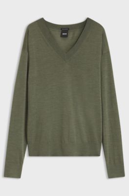 Relaxed-fit V-neck sweater in merino wool, Dark Green