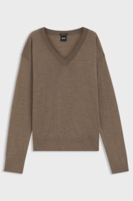 Relaxed-fit V-neck sweater in merino wool, Brown