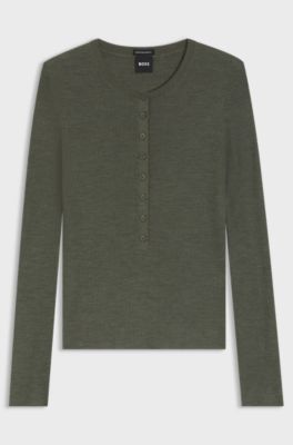 Merino-wool sweater with Henley neckline, Dark Green
