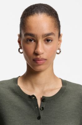 Merino-wool sweater with Henley neckline, Dark Green
