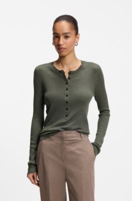 Merino-wool sweater with Henley neckline, Dark Green