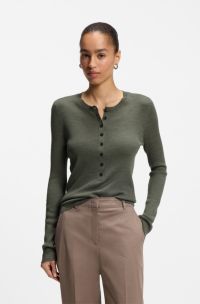 Merino-wool sweater with Henley neckline, Dark Green