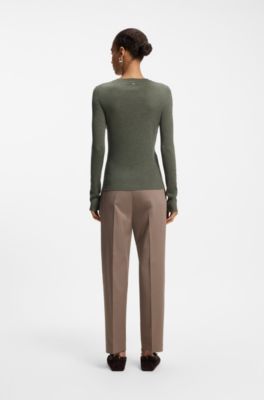 Merino-wool sweater with Henley neckline, Dark Green