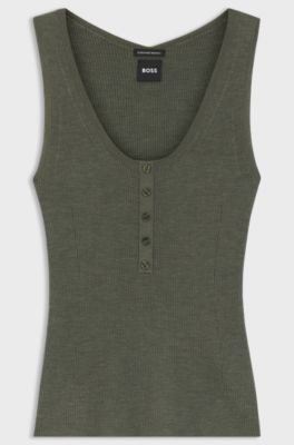 Sleeveless top in rib-knit merino wool, Dark Green