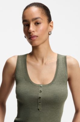 Sleeveless top in rib-knit merino wool, Dark Green