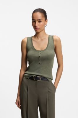 Sleeveless top in rib-knit merino wool, Dark Green