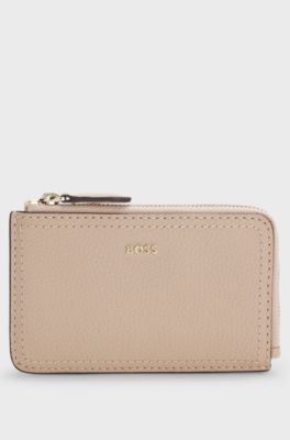 Grained-leather card holder with logo lettering, Light Beige
