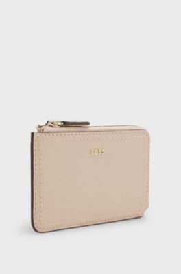 Grained-leather card holder with logo lettering, Light Beige