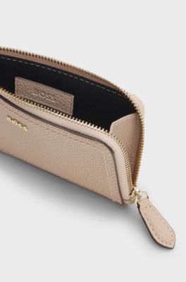 Grained-leather card holder with logo lettering, Light Beige