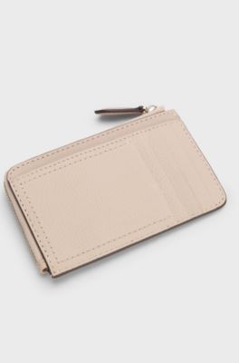 Grained-leather card holder with logo lettering, Light Beige