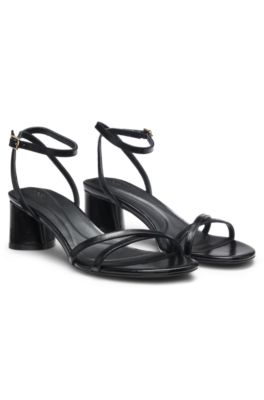 Strappy sandals in leather with block heel, Black