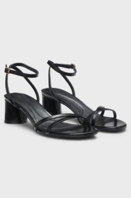 Strappy sandals in leather with block heel, Black