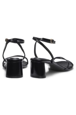 Strappy sandals in leather with block heel, Black