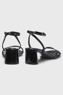 Strappy sandals in leather with block heel, Black