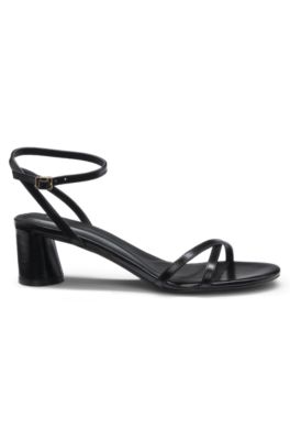 Strappy sandals in leather with block heel, Black