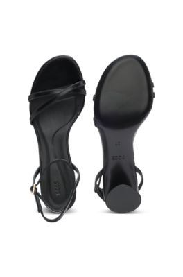 Strappy sandals in leather with block heel, Black