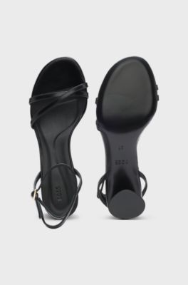 Strappy sandals in leather with block heel, Black
