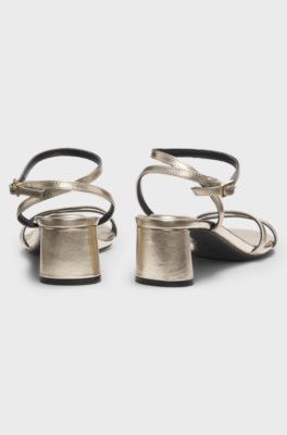 Metallic-leather sandals with block heel, Gold tone