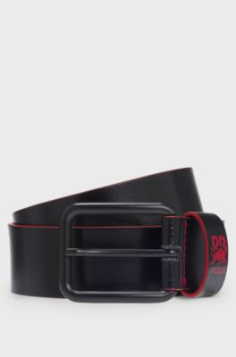 HUGO x RB Italian-leather belt with bull motif, Black