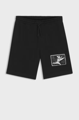 Cotton-terry shorts with artwork patch, Black