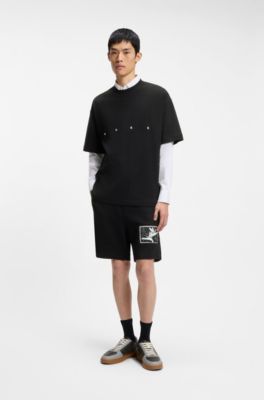 Cotton-terry shorts with artwork patch, Black