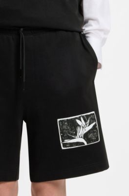 Cotton-terry shorts with artwork patch, Black