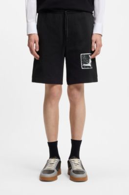 Cotton-terry shorts with artwork patch, Black