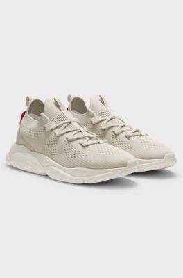 Sneakers in maglia con suola in EVA goffrata con logo, Beige chiaro