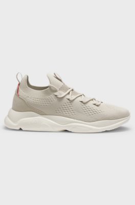 Sneakers in maglia con suola in EVA goffrata con logo, Beige chiaro