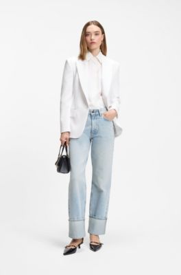 Jean droit en denim bleu avec revers, bleu clair