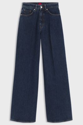 Wide-leg jeans in blue denim with front pleats, Dark Blue
